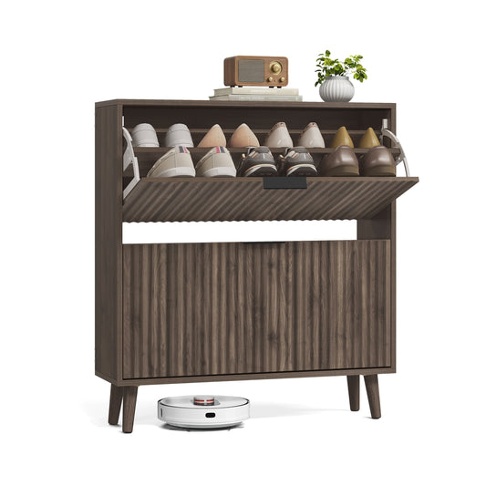 Shoe Storage Cabinet, 2 Flip Drawers, Walnut Brown - image 1