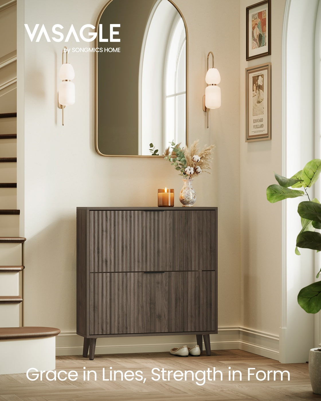 Shoe Storage Cabinet, 2 Flip Drawers, Walnut Brown - image 2