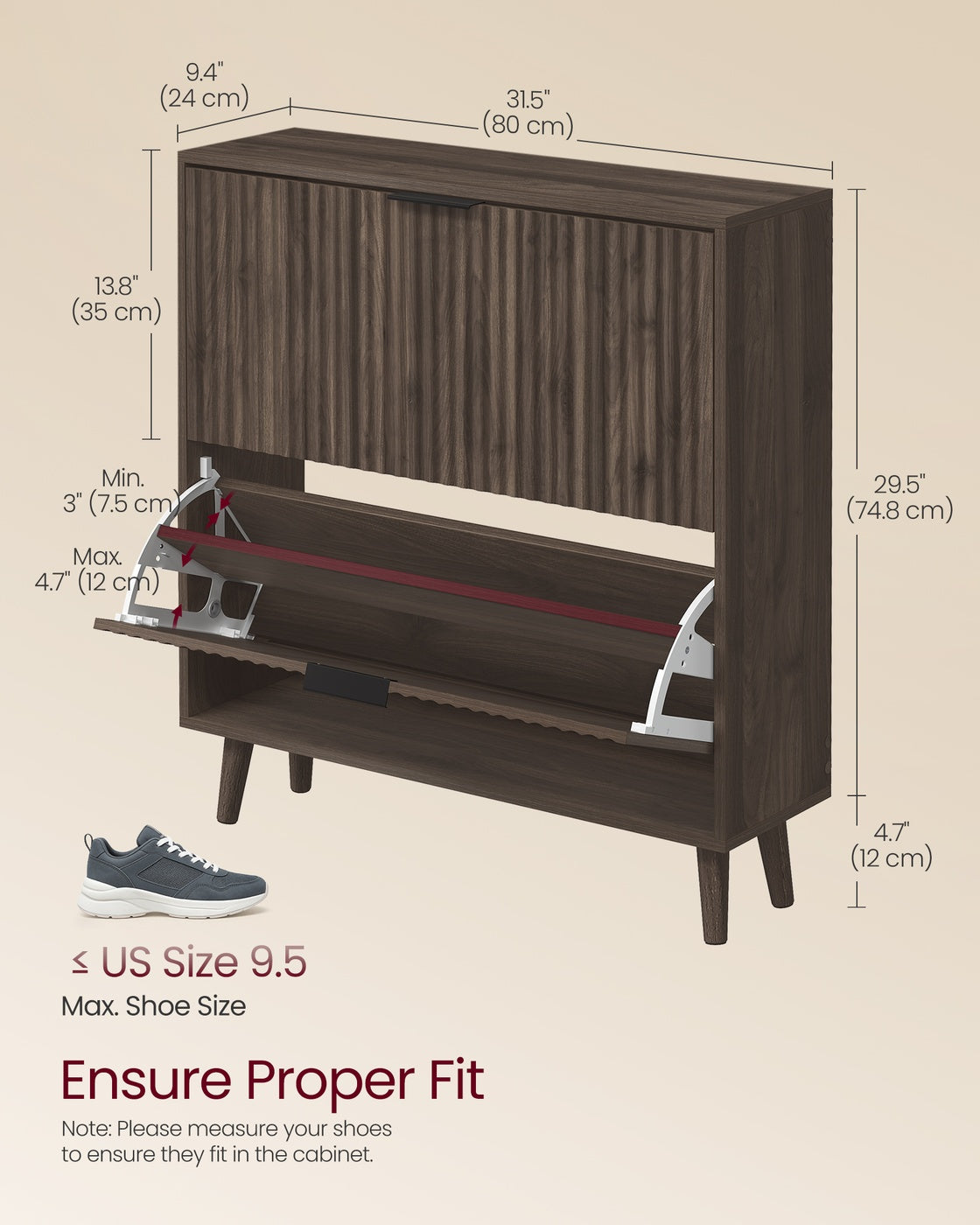 Shoe Storage Cabinet, 2 Flip Drawers, Walnut Brown - image 8