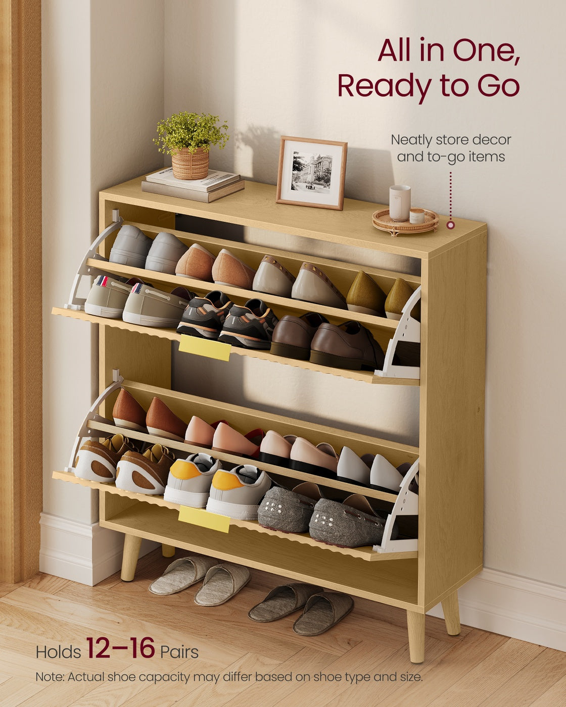 Shoe Storage Cabinet, 2 Flip Drawers, Walnut Brown - image 13