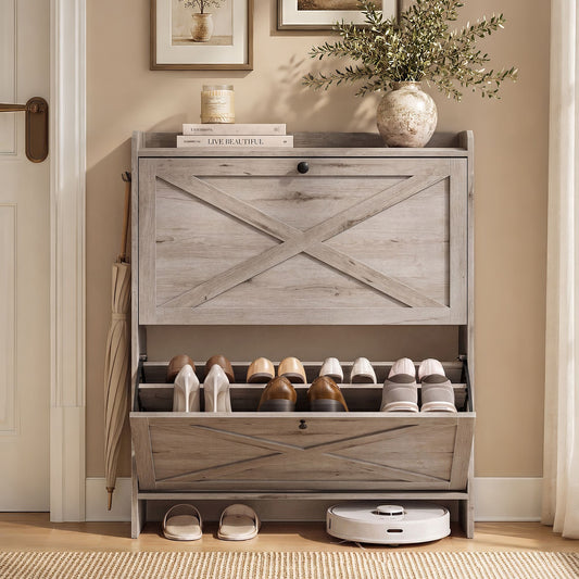Shoe Storage Cabinet Organizer with 2 Flip Drawers, Freestanding Narrow Shoe Rack Cabinet for Entryway - image 1