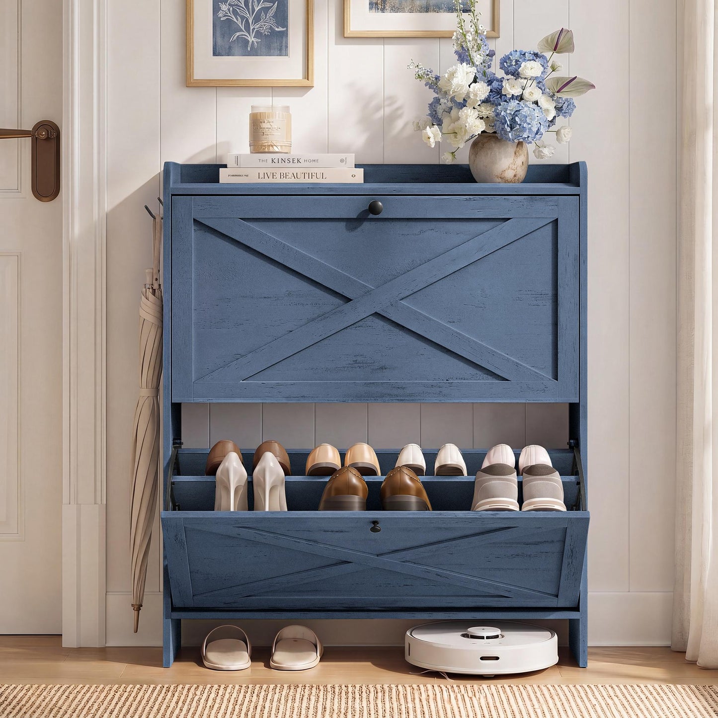 Shoe Storage Cabinet Organizer with 2 Flip Drawers, Freestanding Narrow Shoe Rack Cabinet for Entryway - image 10