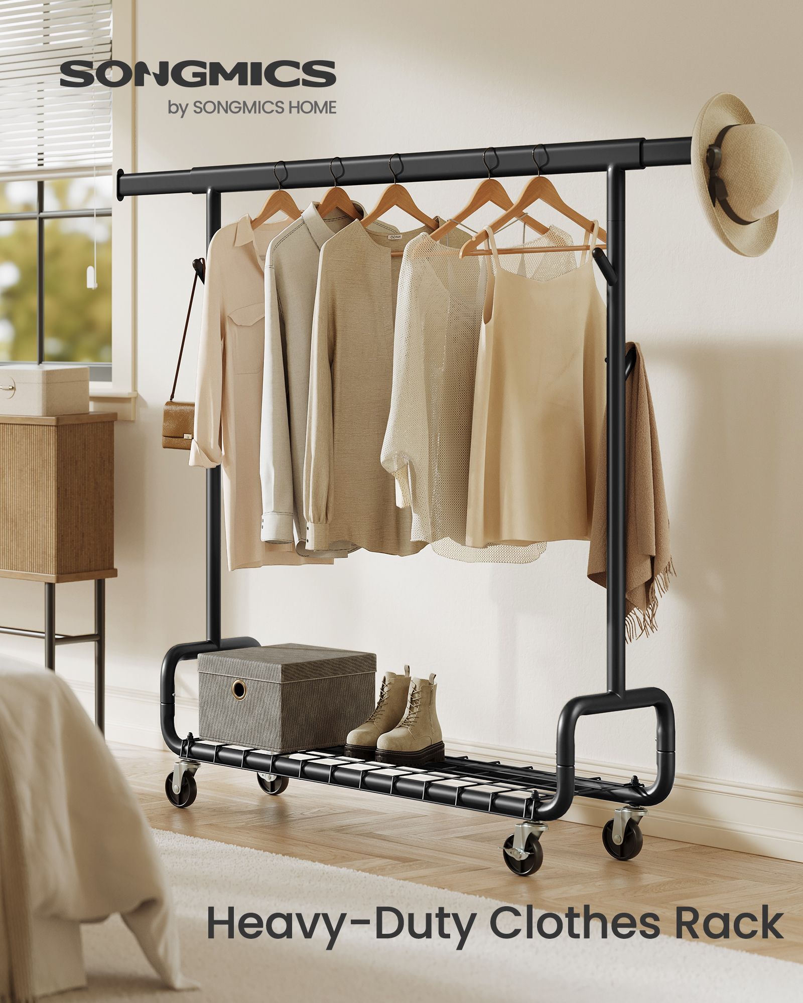 Clothes Rack, Heavy-Duty Rolling Clothing Garment Rack, Ink Black