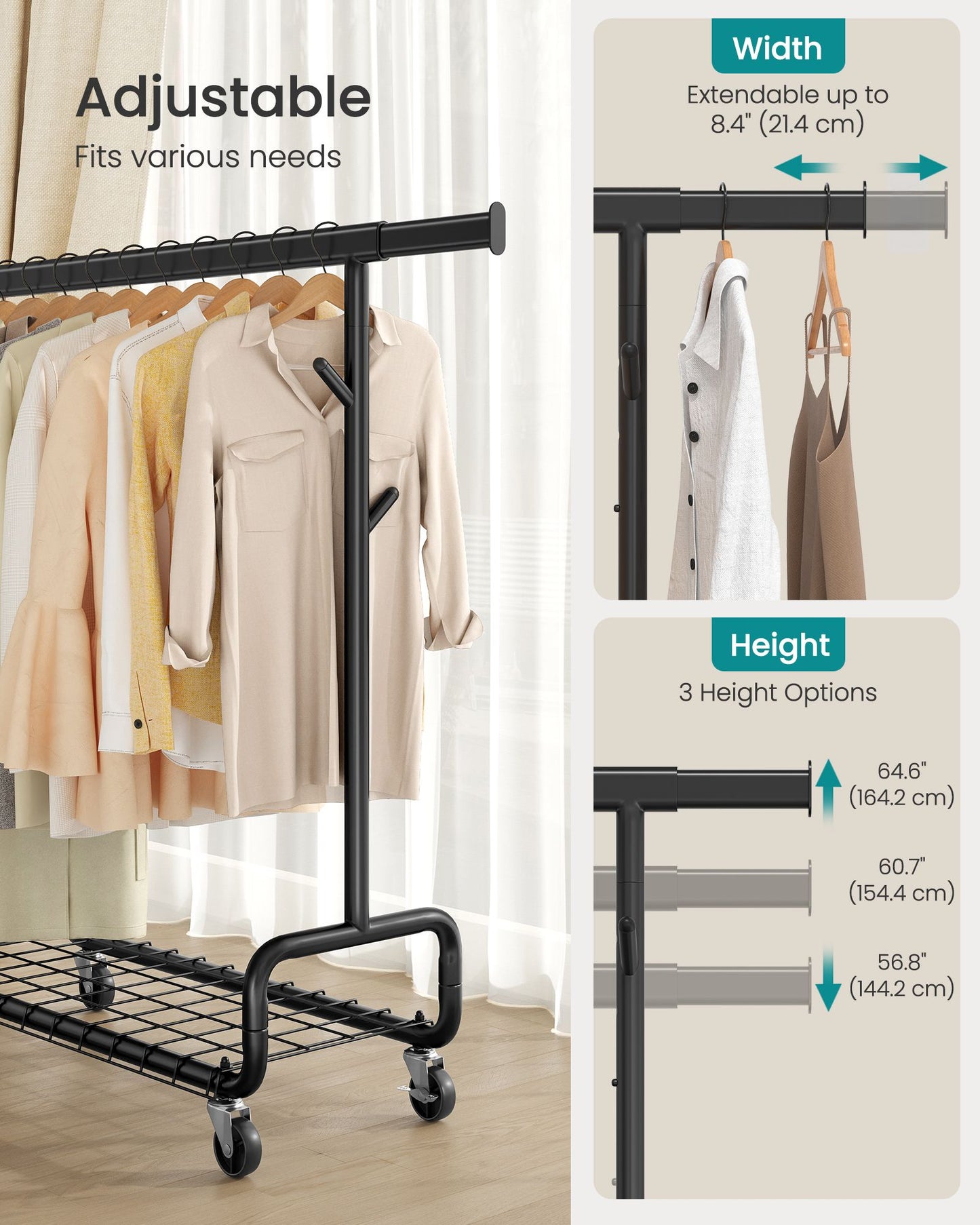 Clothes Rack, Heavy-Duty Rolling Clothing Garment Rack, Ink Black