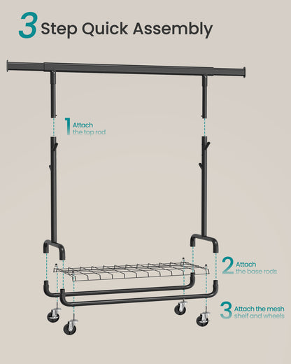 Clothes Rack, Heavy-Duty Rolling Clothing Garment Rack, Ink Black
