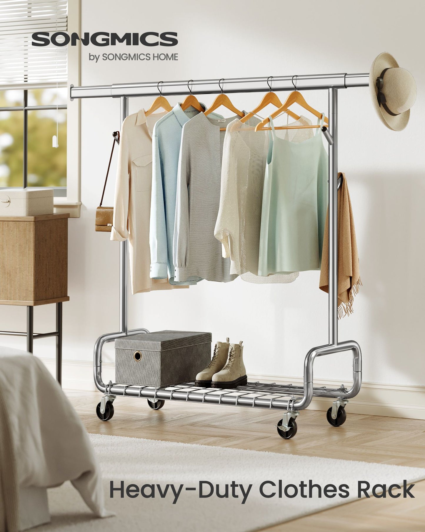 Clothes Rack, Heavy-Duty Rolling Clothing Garment Rack, Silver
