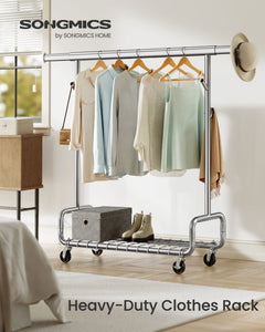Clothes Rack, Heavy-Duty Rolling with Wheels, Silver