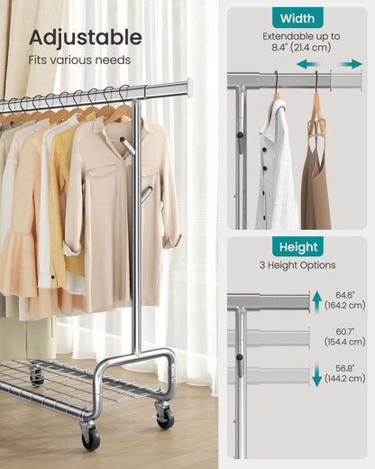 Clothes Rack, Heavy-Duty Rolling Clothing Garment Rack, Silver