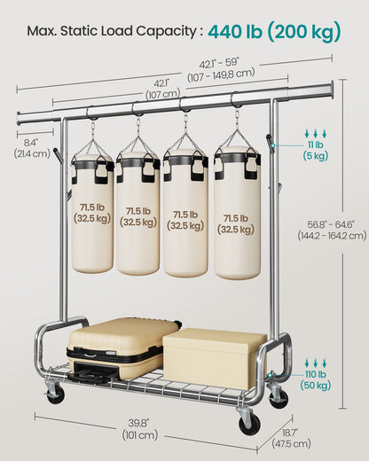 Clothes Rack, Heavy-Duty Rolling Clothing Garment Rack, Silver