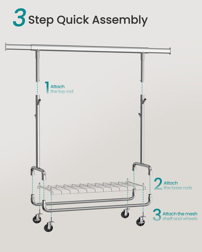 Clothes Rack, Heavy-Duty Rolling Clothing Garment Rack, Silver