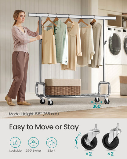 Clothes Rack, Heavy-Duty Rolling Clothing Garment Rack, Silver