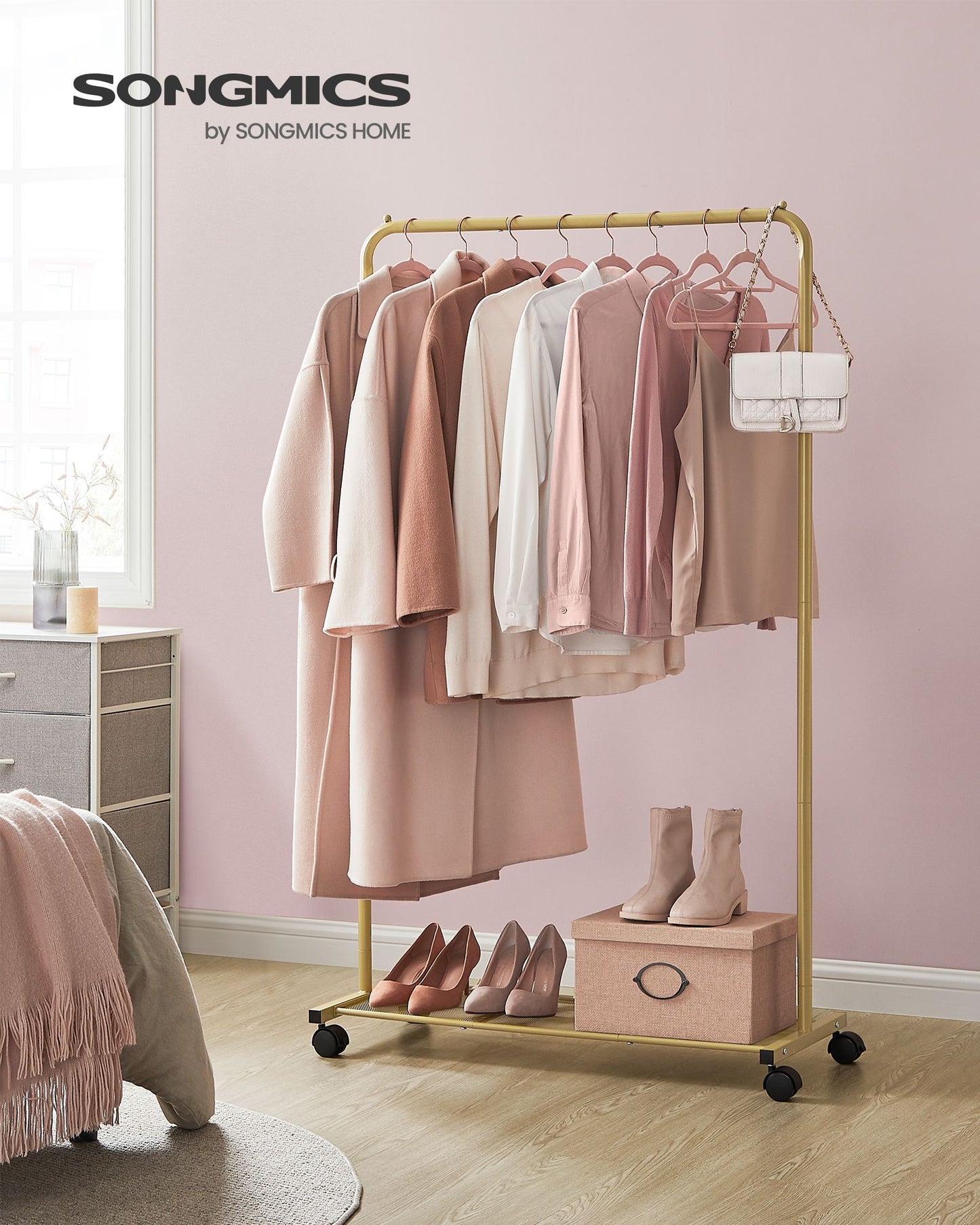 Clothes Rack with Wheels and Dense Mesh Storage Shelf