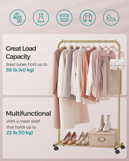 Clothes Rack with Wheels and Dense Mesh Storage Shelf