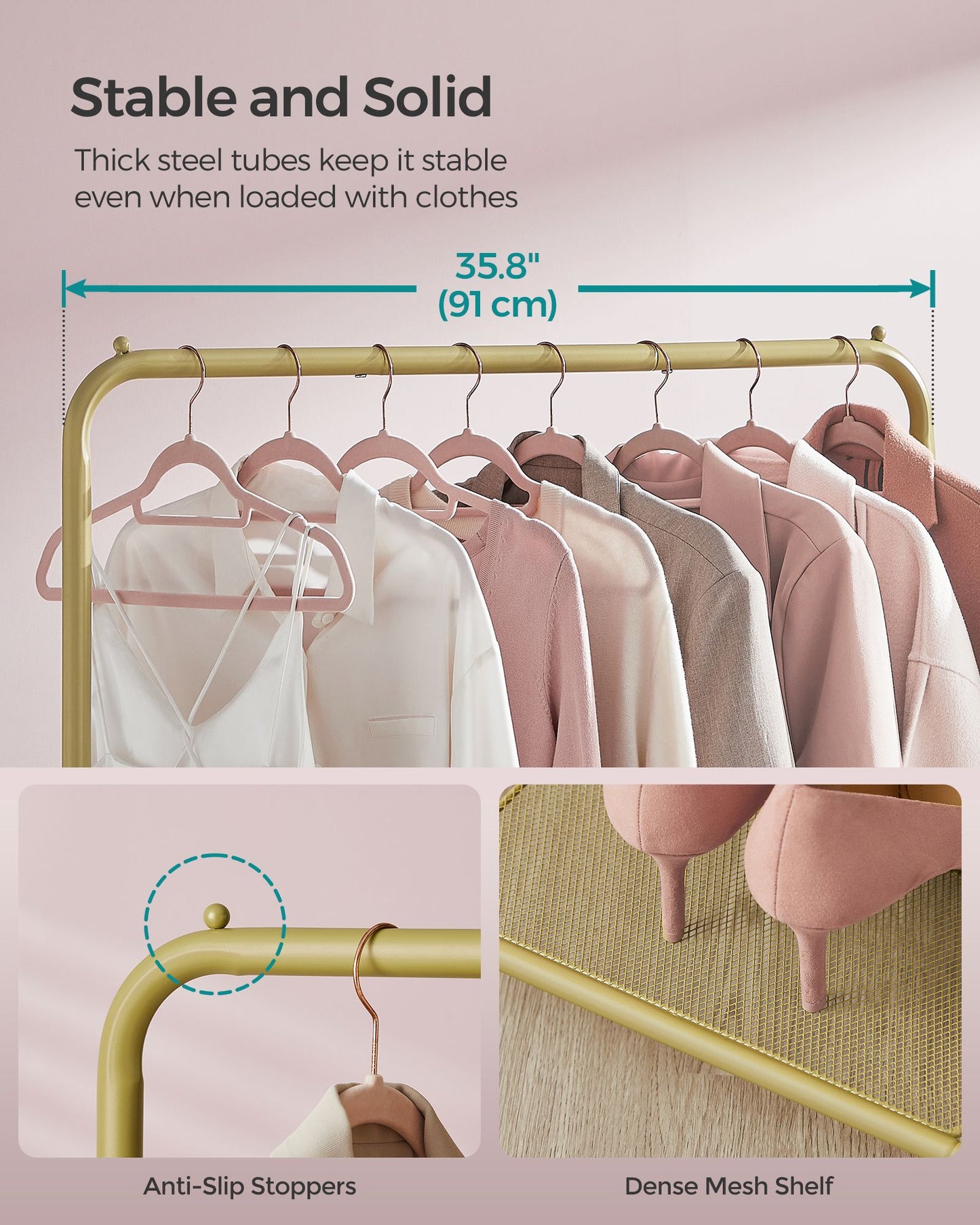Clothes Rack with Wheels and Dense Mesh Storage Shelf
