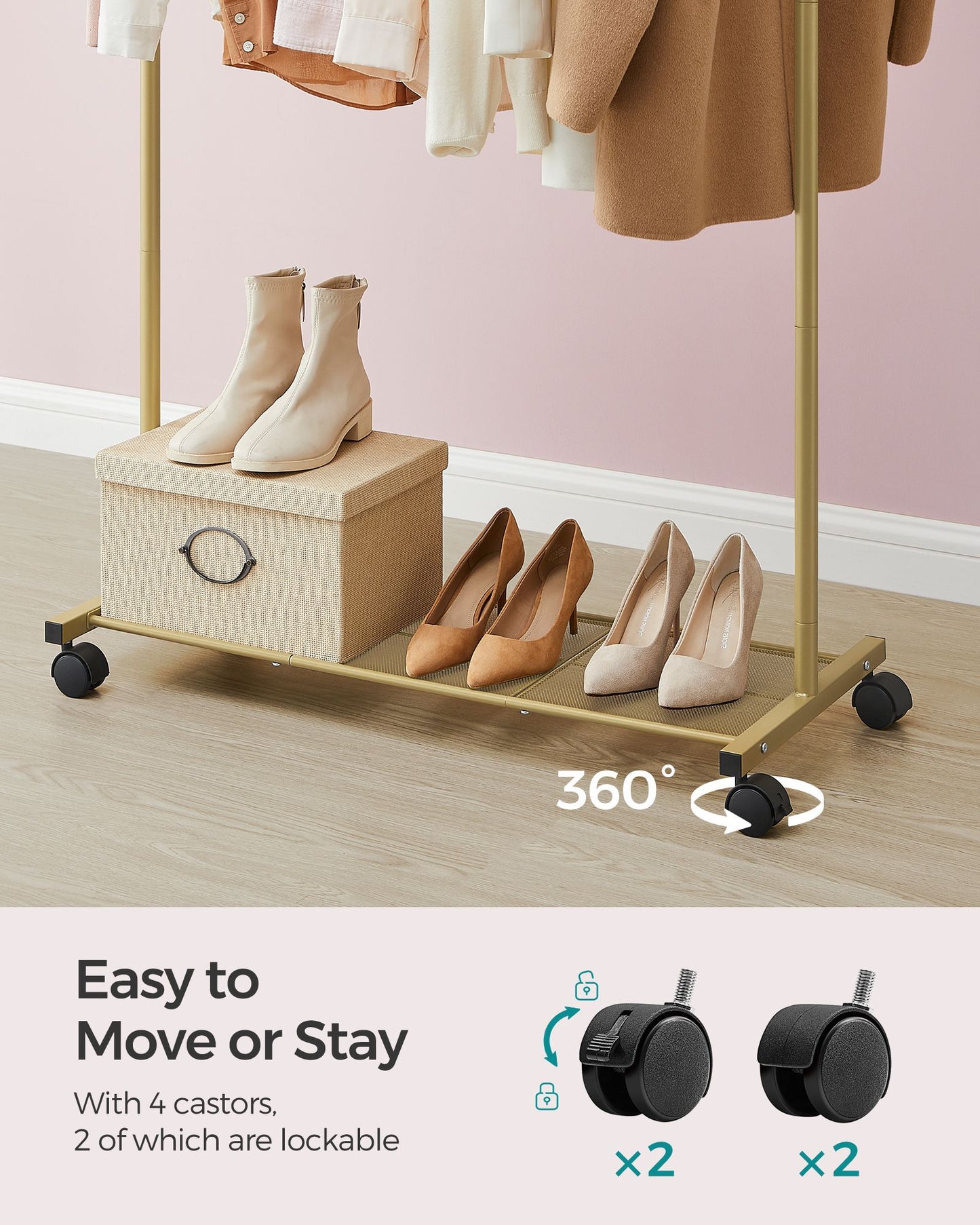 Clothes Rack with Wheels and Dense Mesh Storage Shelf