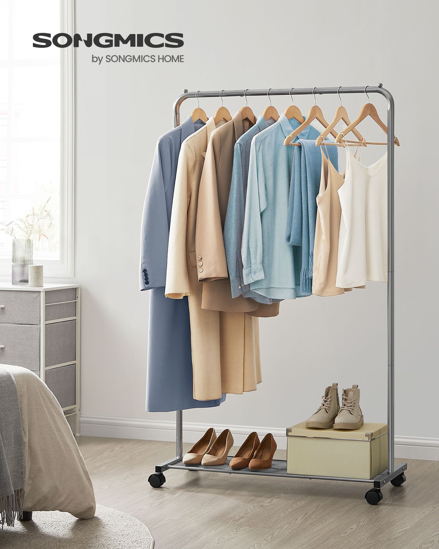 Clothes Rack with Wheels and Dense Mesh Storage Shelf