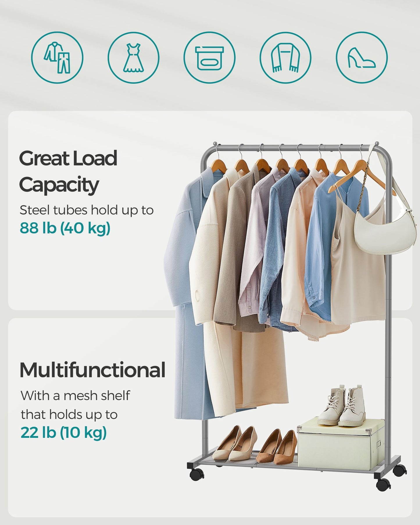 Clothes Rack with Wheels and Dense Mesh Storage Shelf