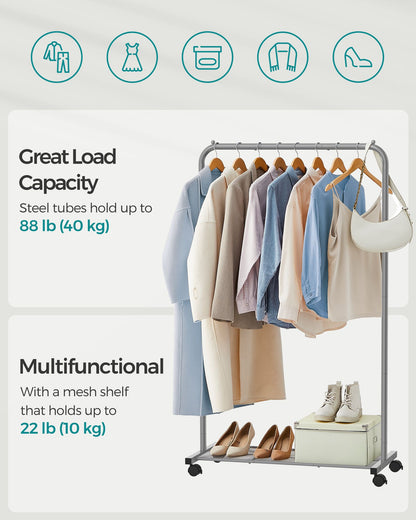 Clothes Rack with Wheels and Dense Mesh Storage Shelf