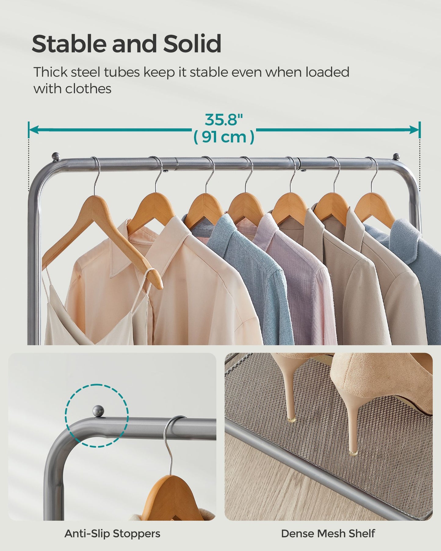 Clothes Rack with Wheels and Dense Mesh Storage Shelf