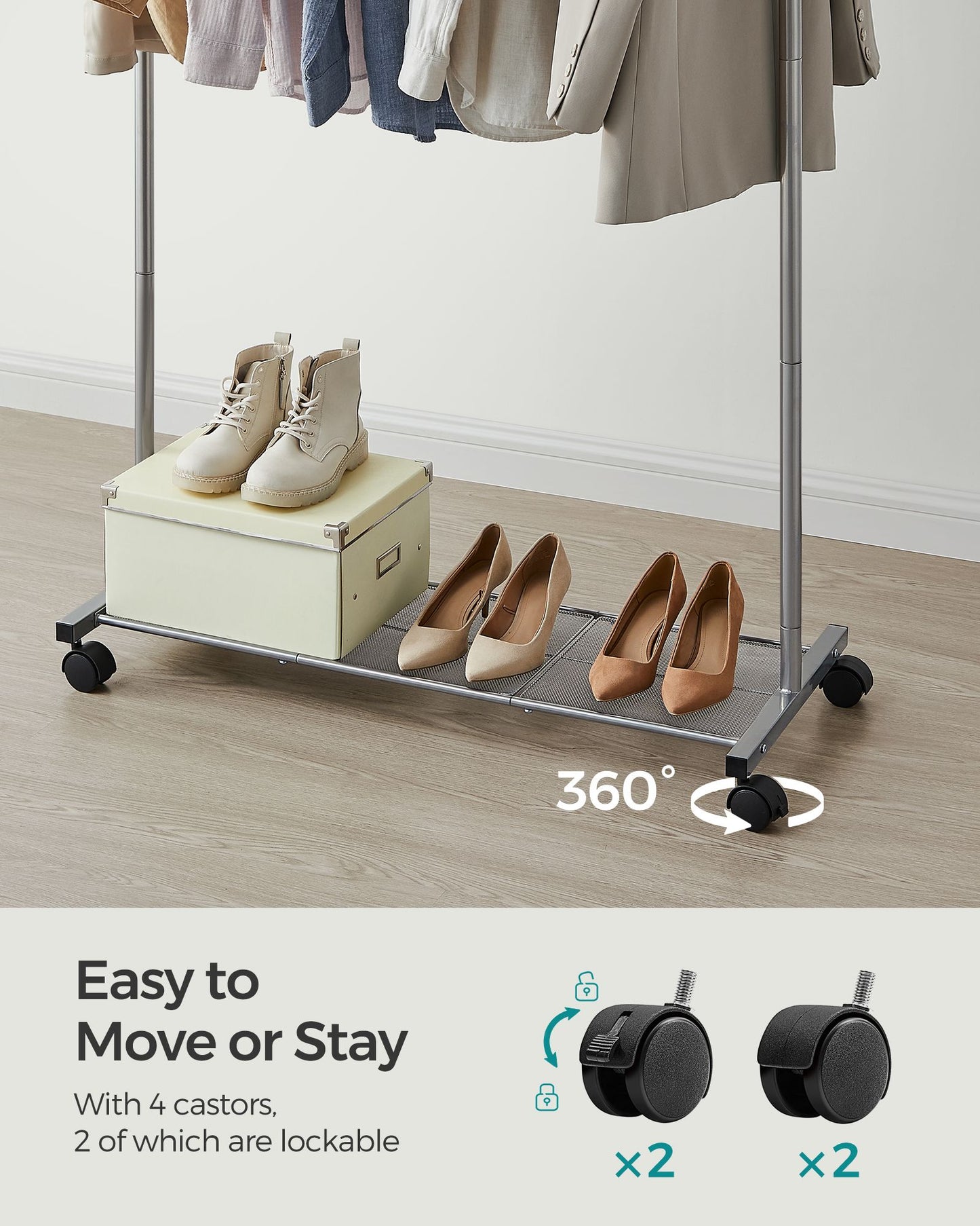 Clothes Rack with Wheels and Dense Mesh Storage Shelf