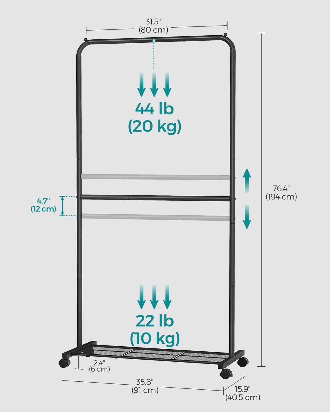 Double-Rod Clothes Rail on Wheels Black - image 8