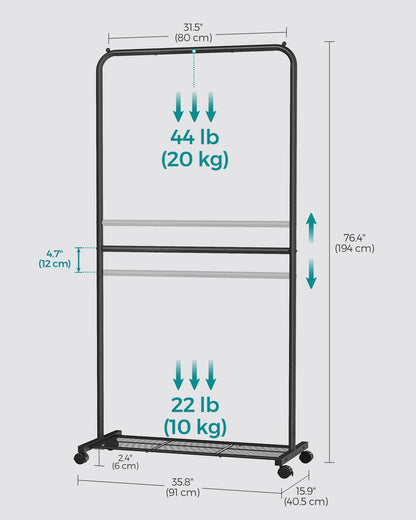 Double-Rod Clothes Rail on Wheels Black - image 8