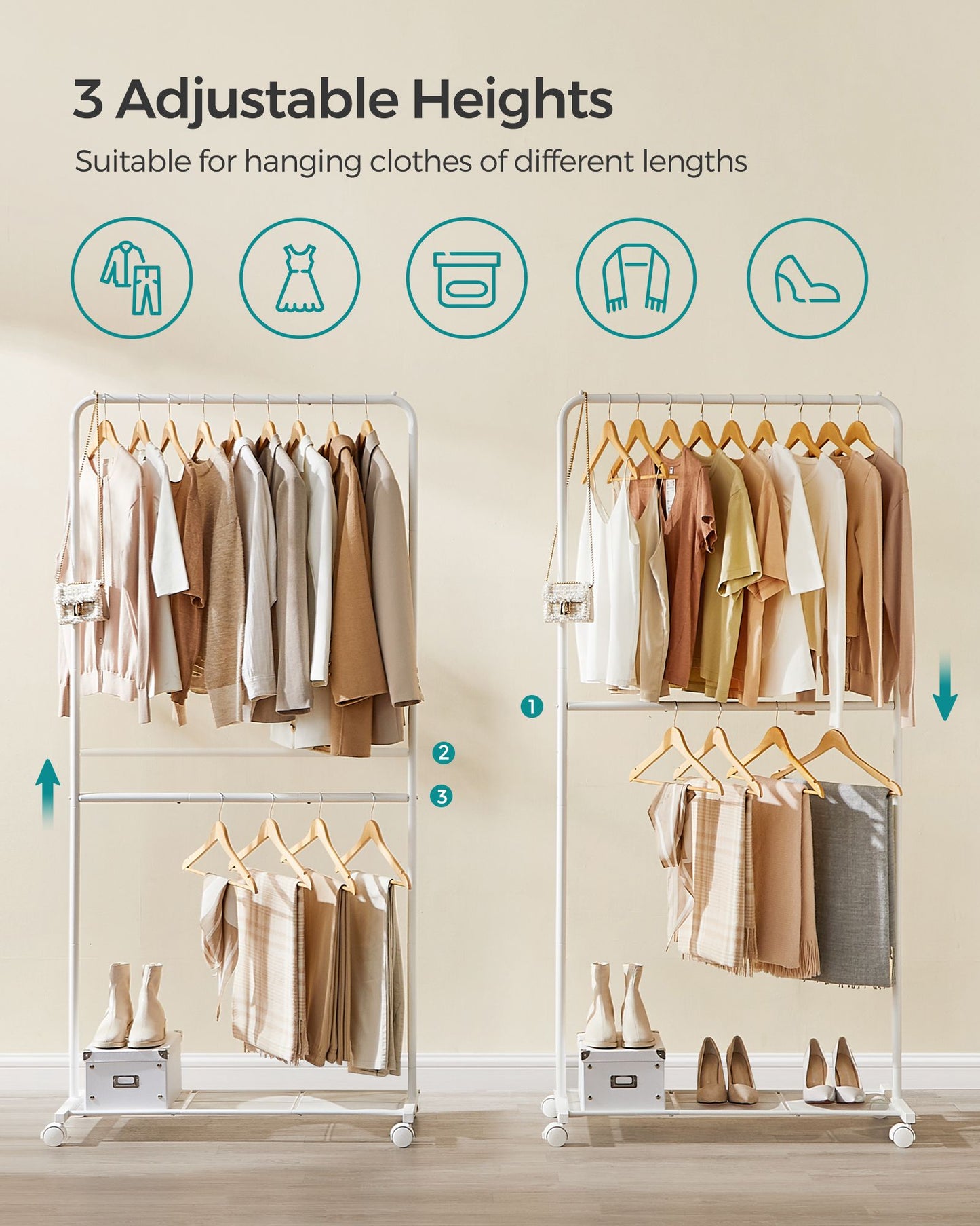 36 Inch Double-Rod Clothes Rack with Wheels