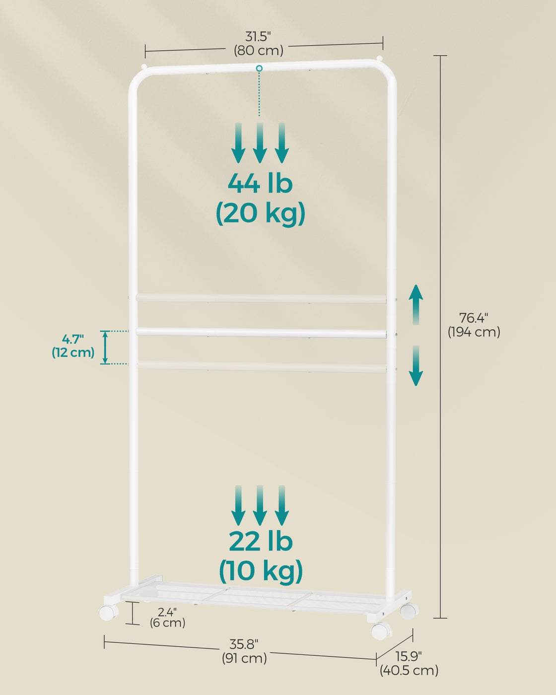 Double-Rod Clothes Rail on Wheels Black - image 16