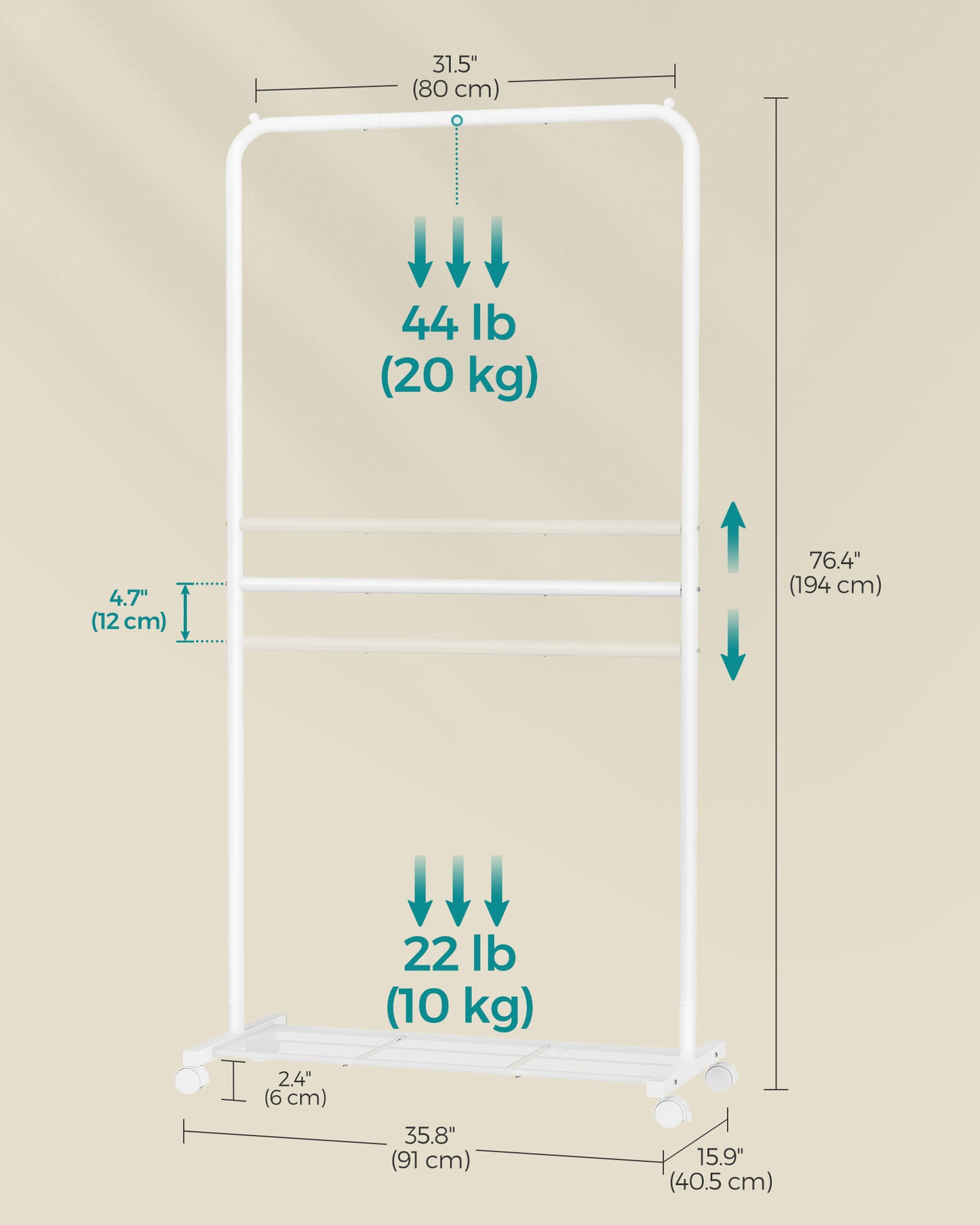 36 Inch Double-Rod Clothes Rack with Wheels