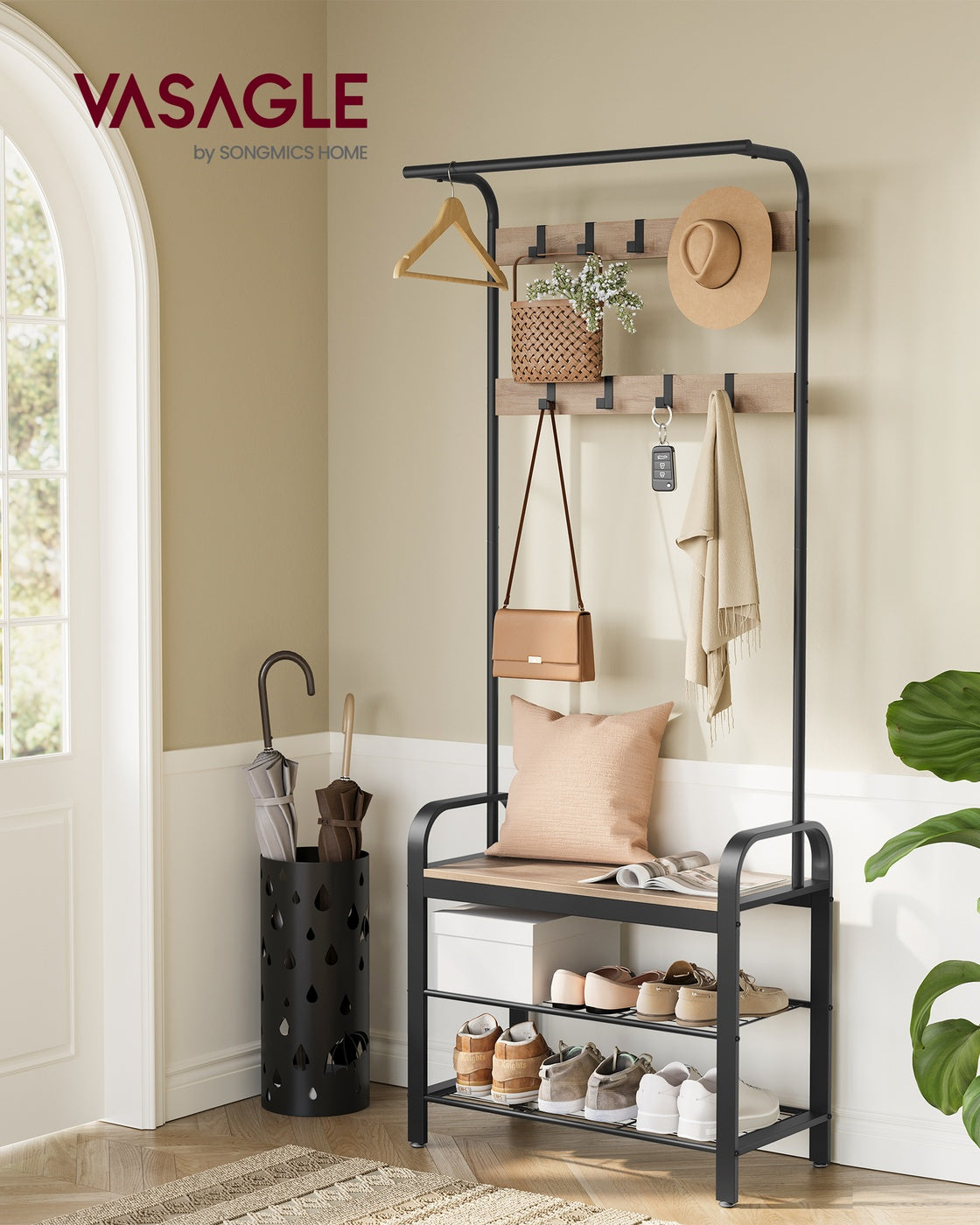 Coat Rack with 9 Removable Hooks 34 x 72 x 183 cm Camel Brown and Ink Black - image 2