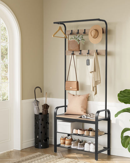 Coat Rack with 9 Removable Hooks 34 x 72 x 183 cm Camel Brown and Ink Black
