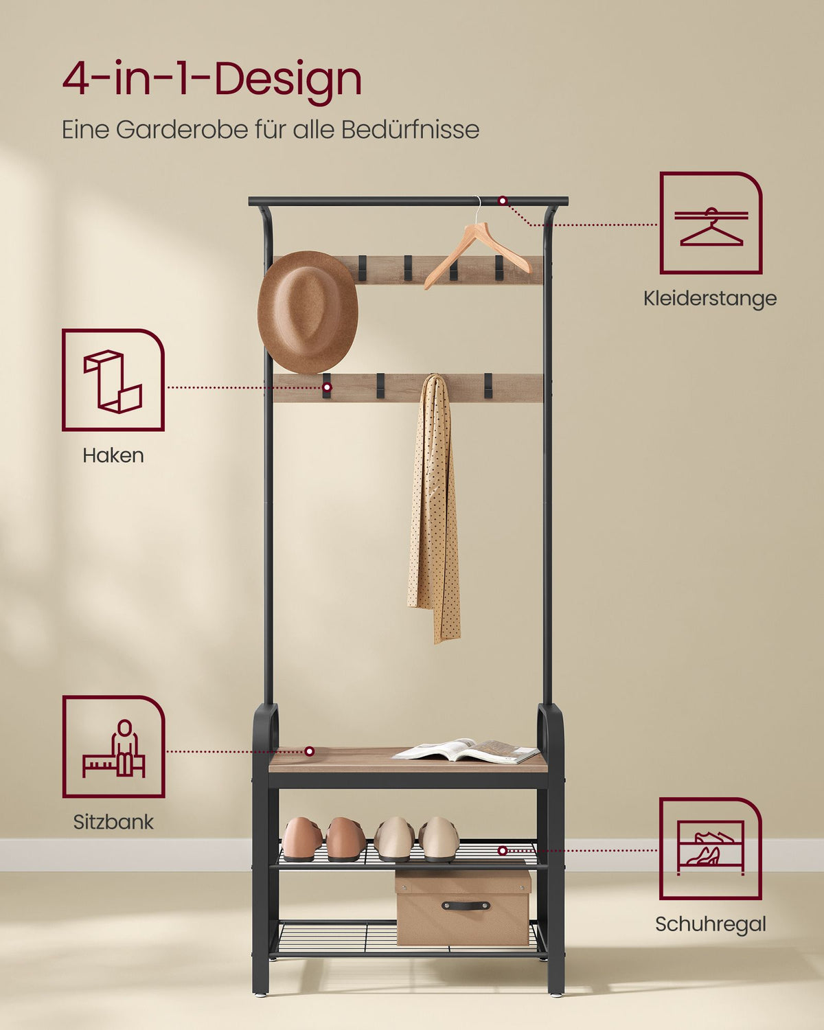 Coat Rack with 9 Removable Hooks 34 x 72 x 183 cm Camel Brown and Ink Black