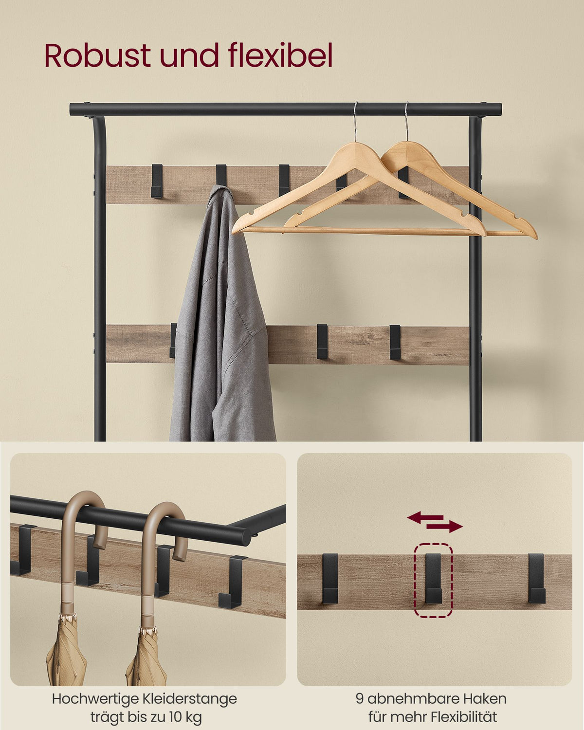 Coat Rack with 9 Removable Hooks 34 x 72 x 183 cm Camel Brown and Ink Black