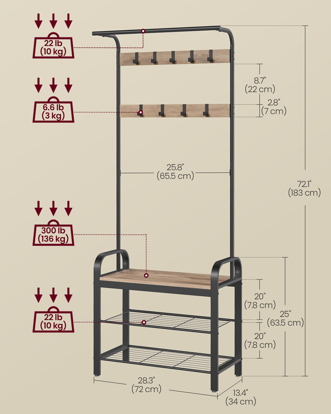 Coat Rack with 9 Removable Hooks 34 x 72 x 183 cm Camel Brown and Ink Black - image 6