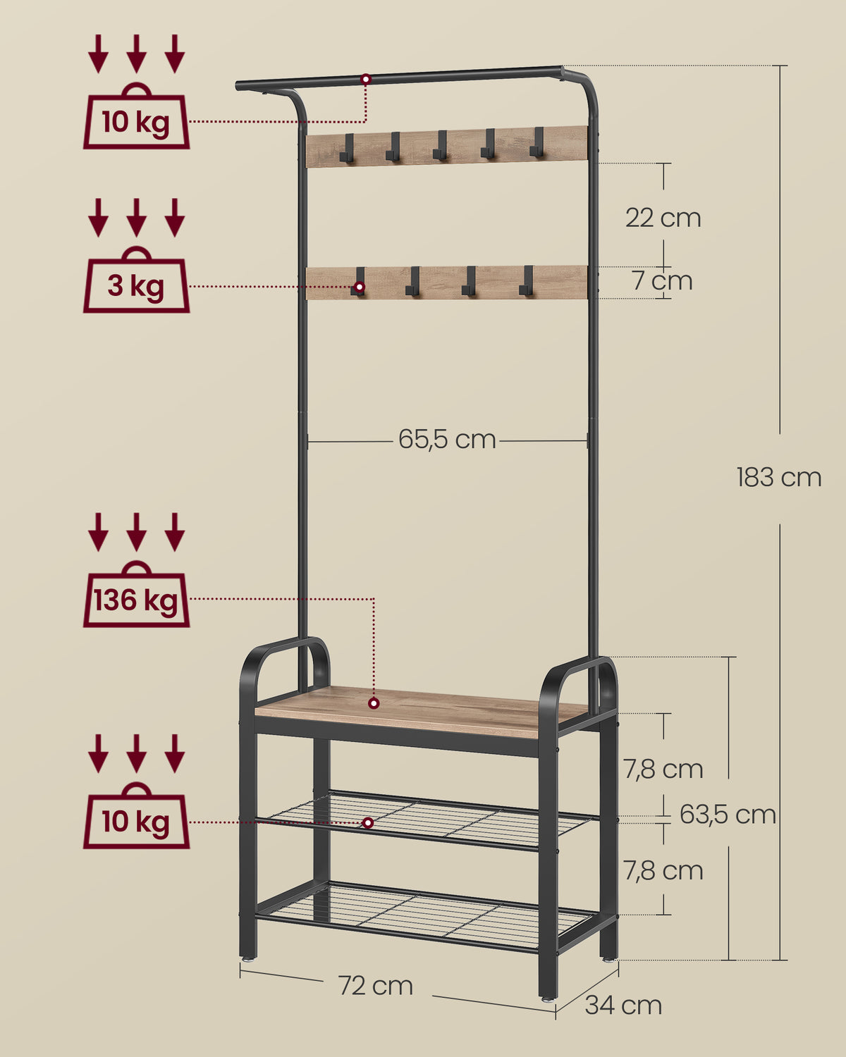 Coat Rack with 9 Removable Hooks 34 x 72 x 183 cm Camel Brown and Ink Black