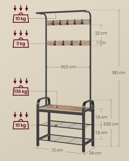Coat Rack with 9 Removable Hooks 34 x 72 x 183 cm Camel Brown and Ink Black