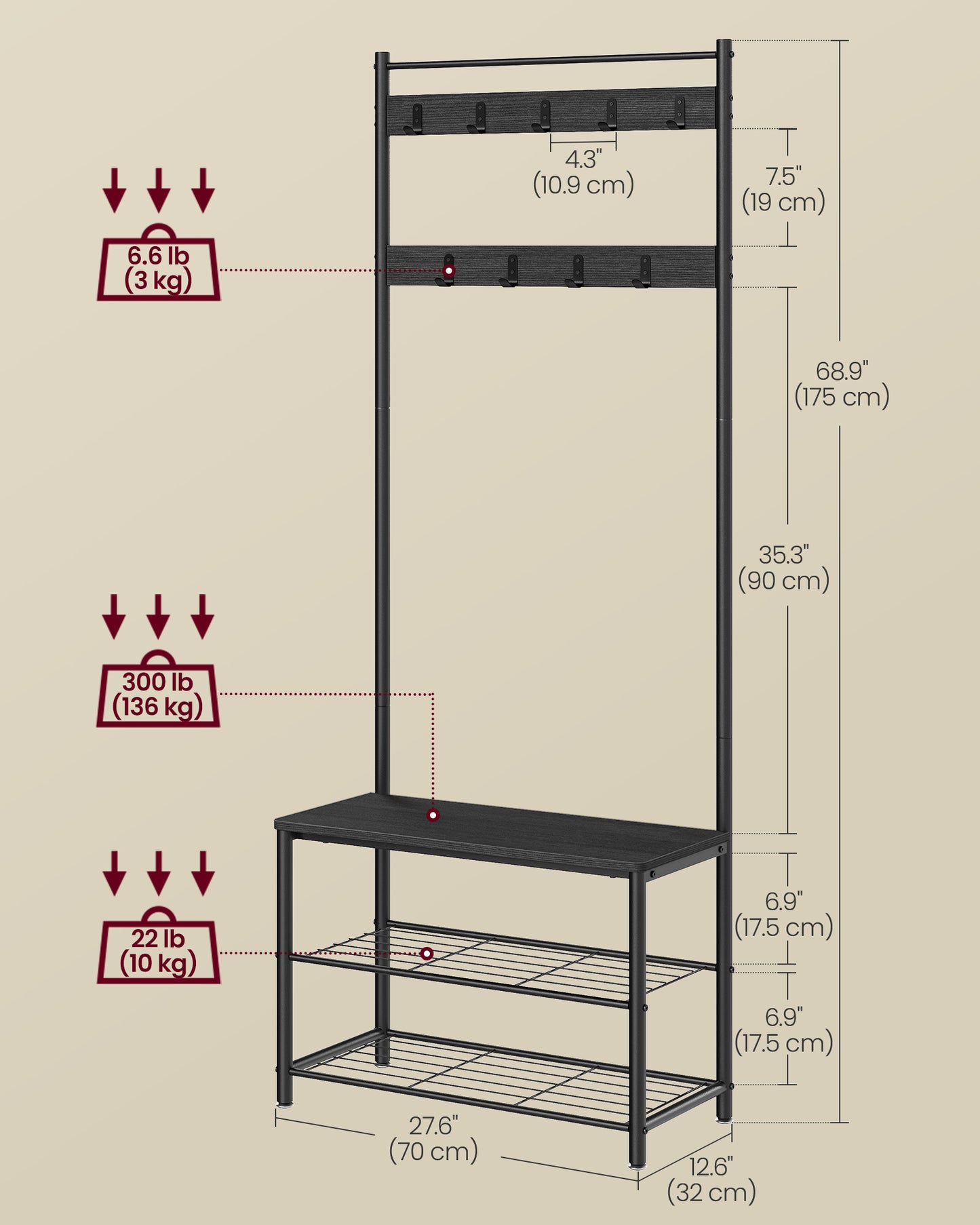 Coat Rack, Hall Tree with Shoe Storage Bench