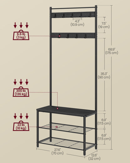 Coat Rack, Hall Tree with Shoe Storage Bench