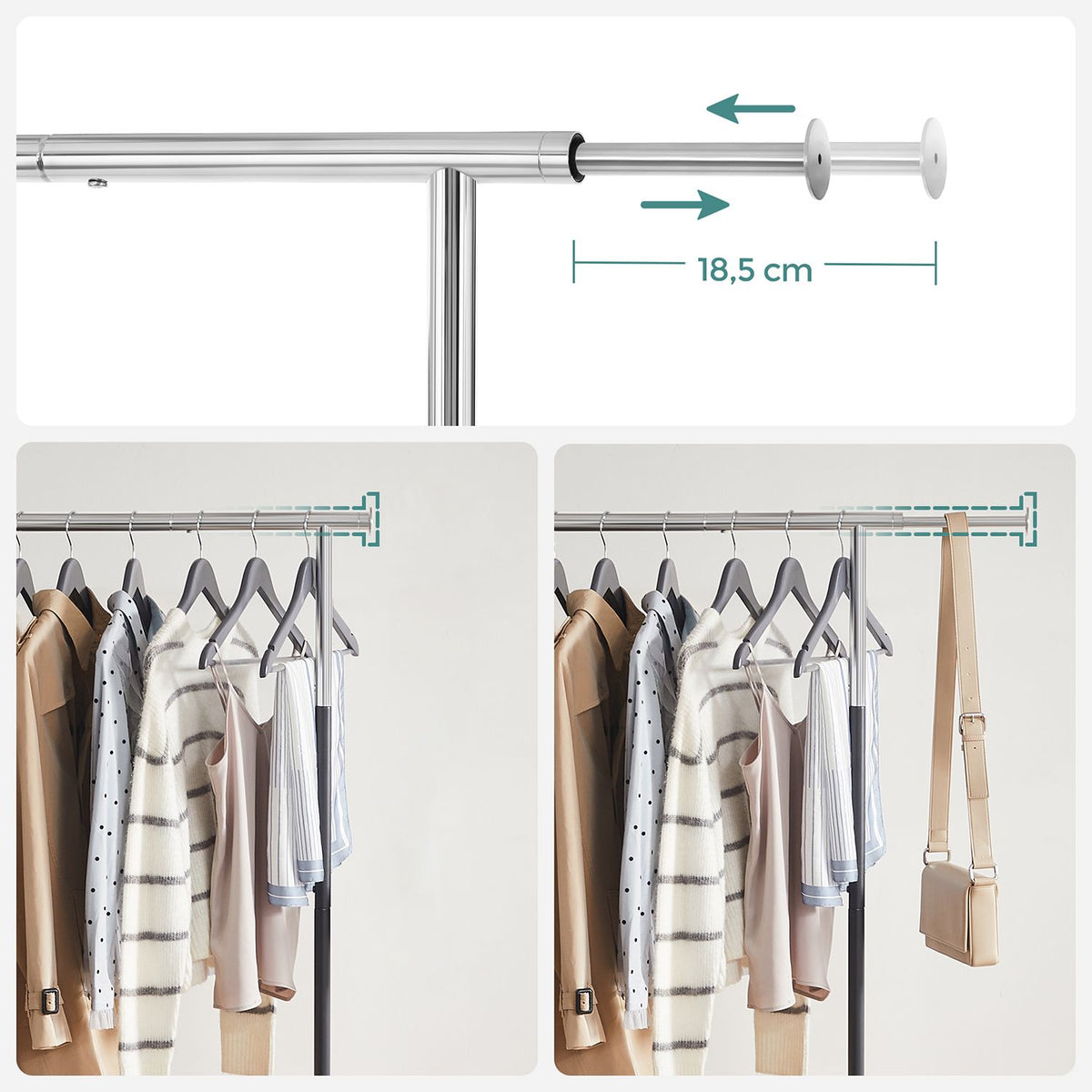 Adjustable Clothes Rack with Wheels — Silver and Black