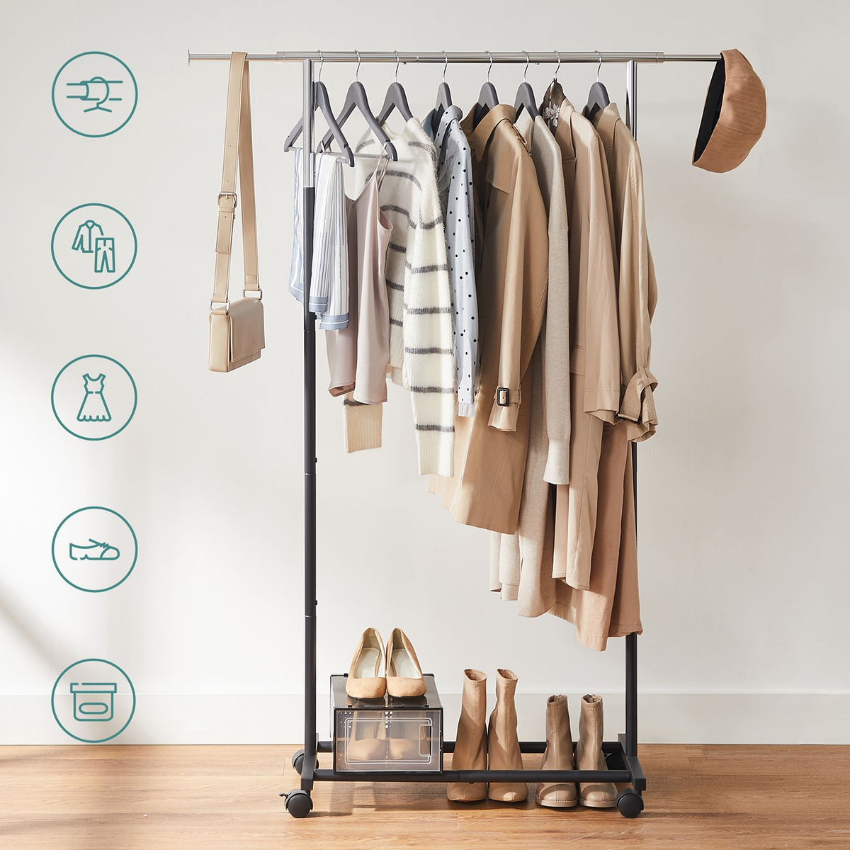 Adjustable Clothes Rack with Wheels — Silver and Black