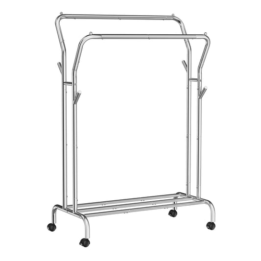 Double-Rod Clothes Rail with Wheels 103.5 cm Wide Silver - image 1