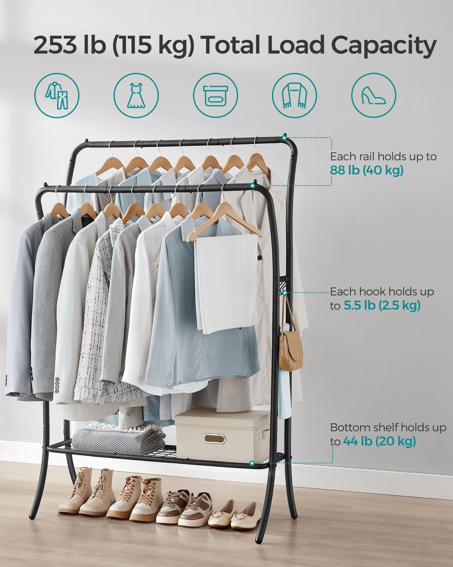 Double Rod Clothes Rack with Shelves