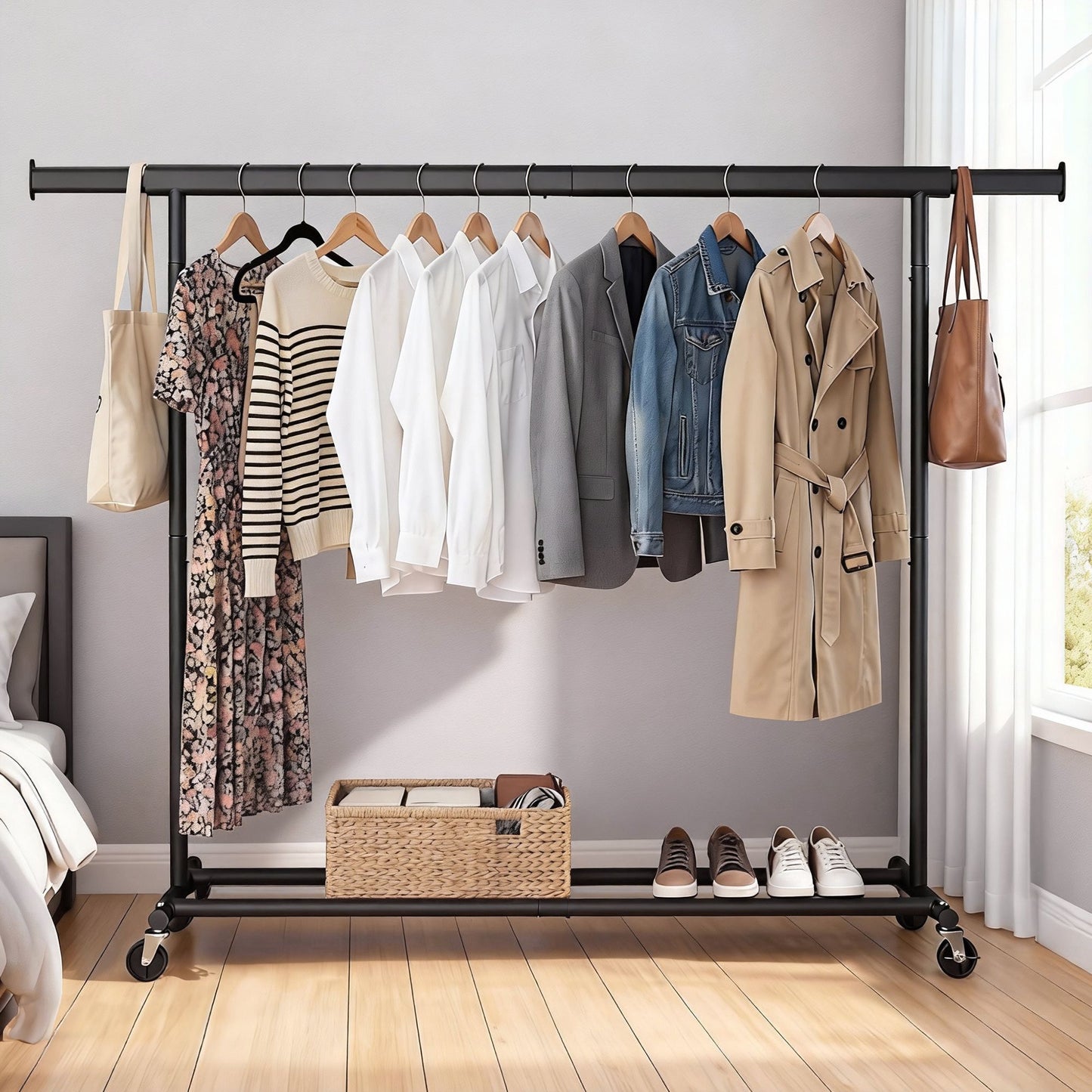 Garment Rail with Wheels, Adjustable Clothes Rack for Bedroom - image 4
