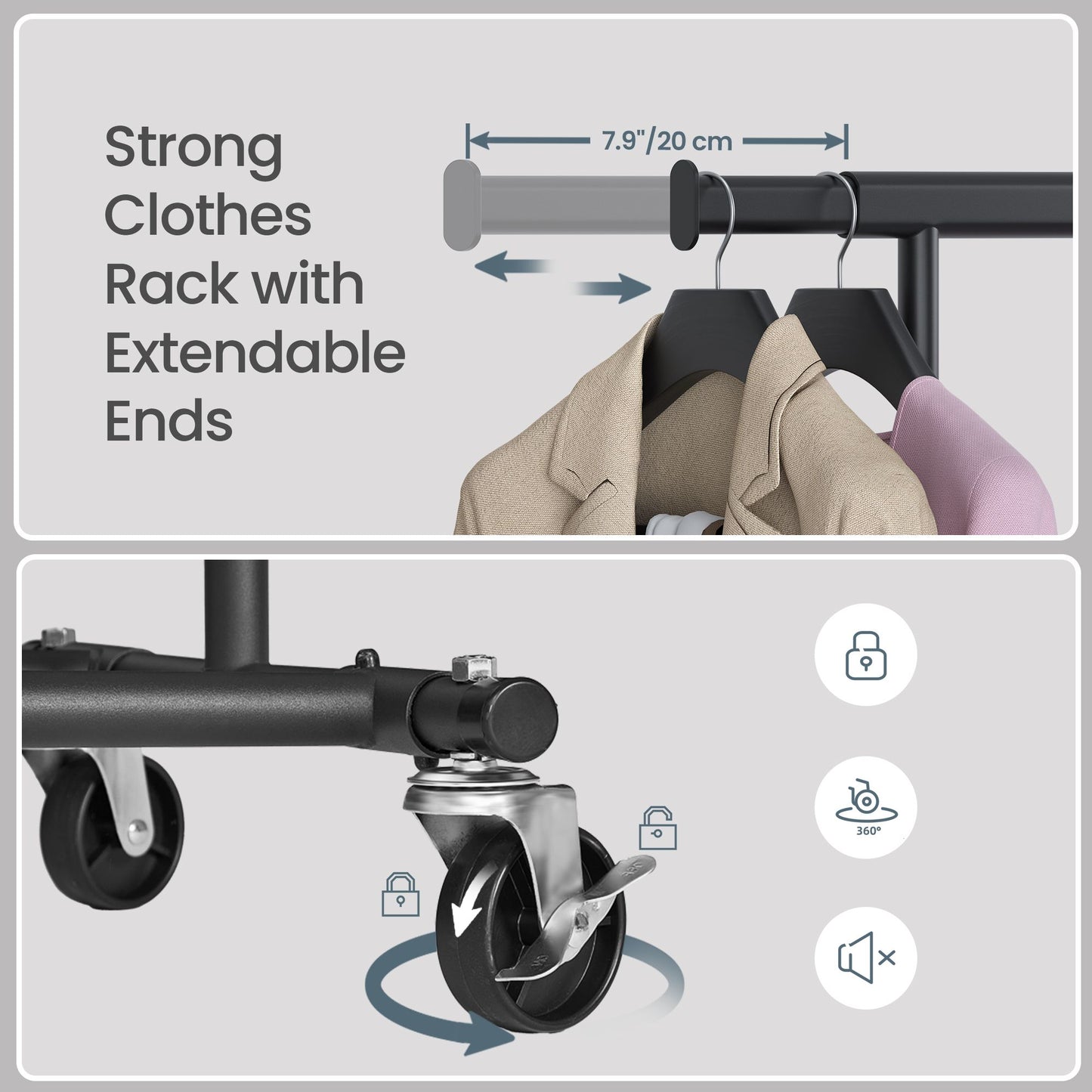Garment Rail with Wheels, Adjustable Clothes Rack for Bedroom - image 6