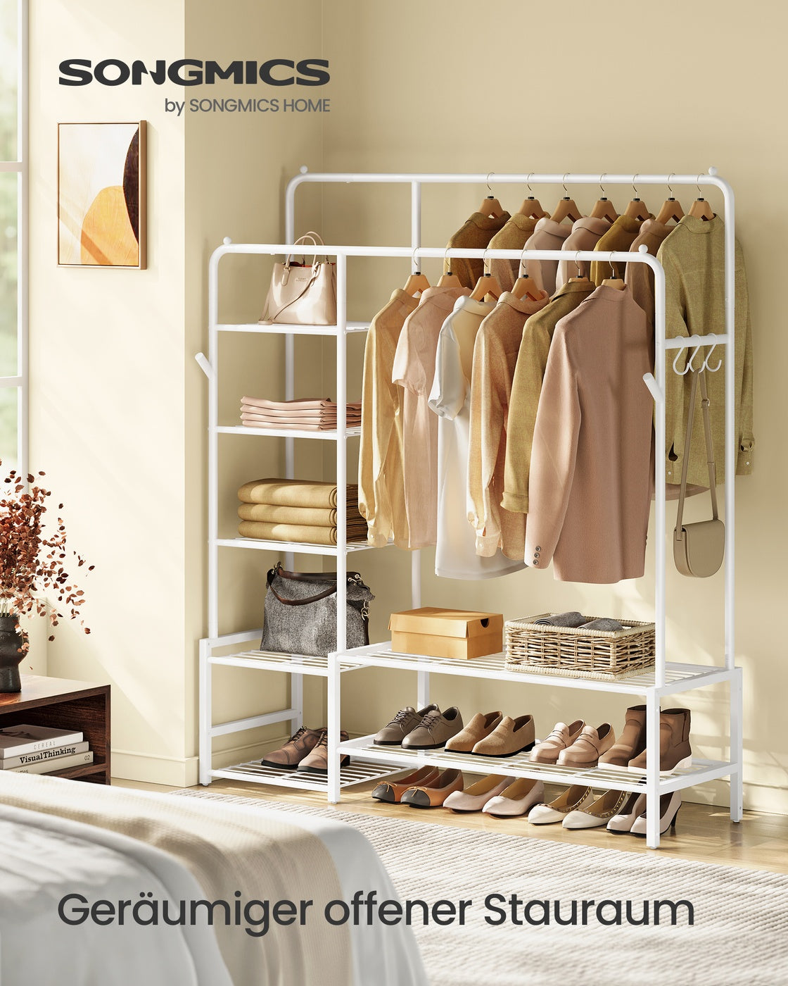 Clothes Rack Open Wardrobe with 7 Shelves Hanging Rods White