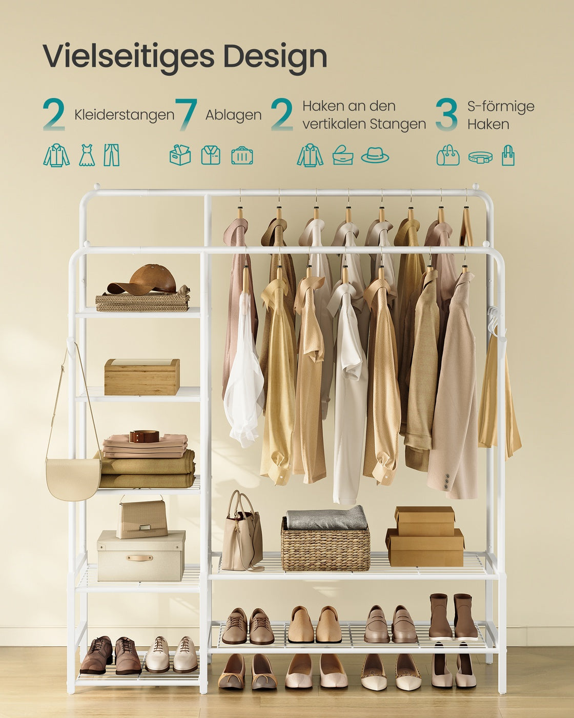 Clothes Rack Open Wardrobe with 7 Shelves Hanging Rods White