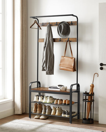 Coat Rack, Hall Tree with Shoe Bench for Entryway, Industrial Accent Furniture with Steel Frame