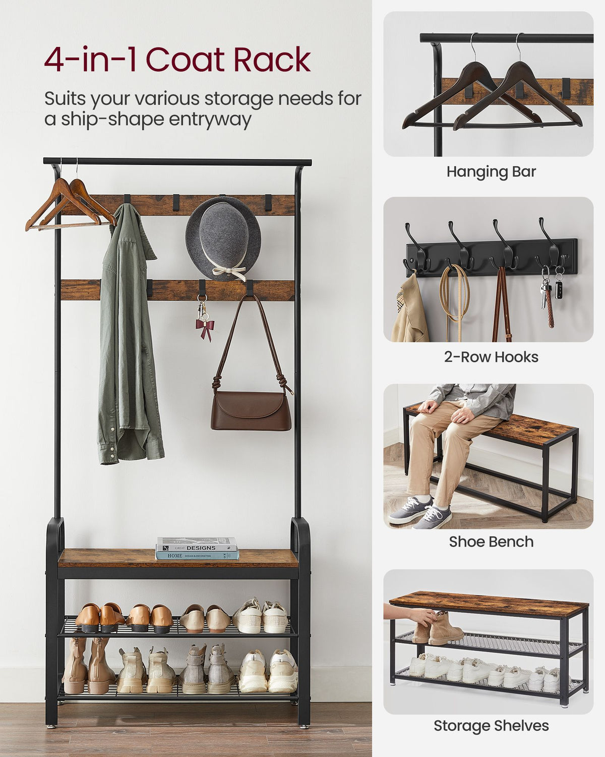 Coat Rack, Hall Tree with Shoe Bench for Entryway, Industrial Accent Furniture with Steel Frame