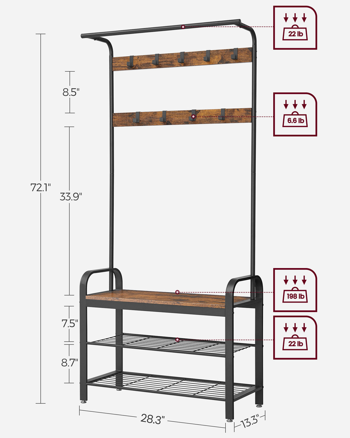 Coat Rack, Hall Tree with Shoe Bench for Entryway, Industrial Accent Furniture with Steel Frame