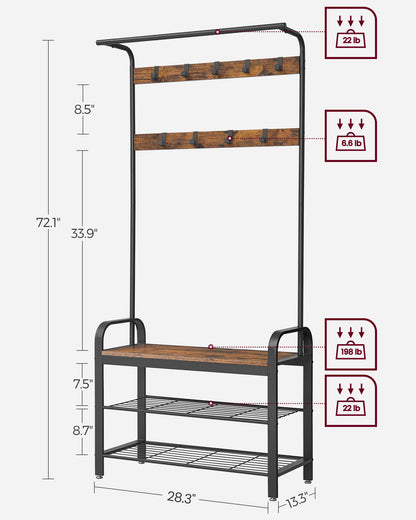 Coat Rack, Hall Tree with Shoe Bench for Entryway, Industrial Accent Furniture with Steel Frame